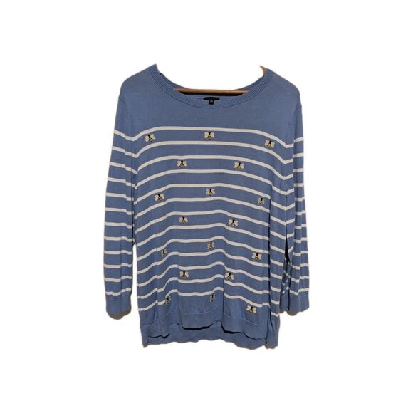Talbots Sweater Women Medium Blue Striped Bumble Bee Crewneck Pullover XL - Picture 1 of 5